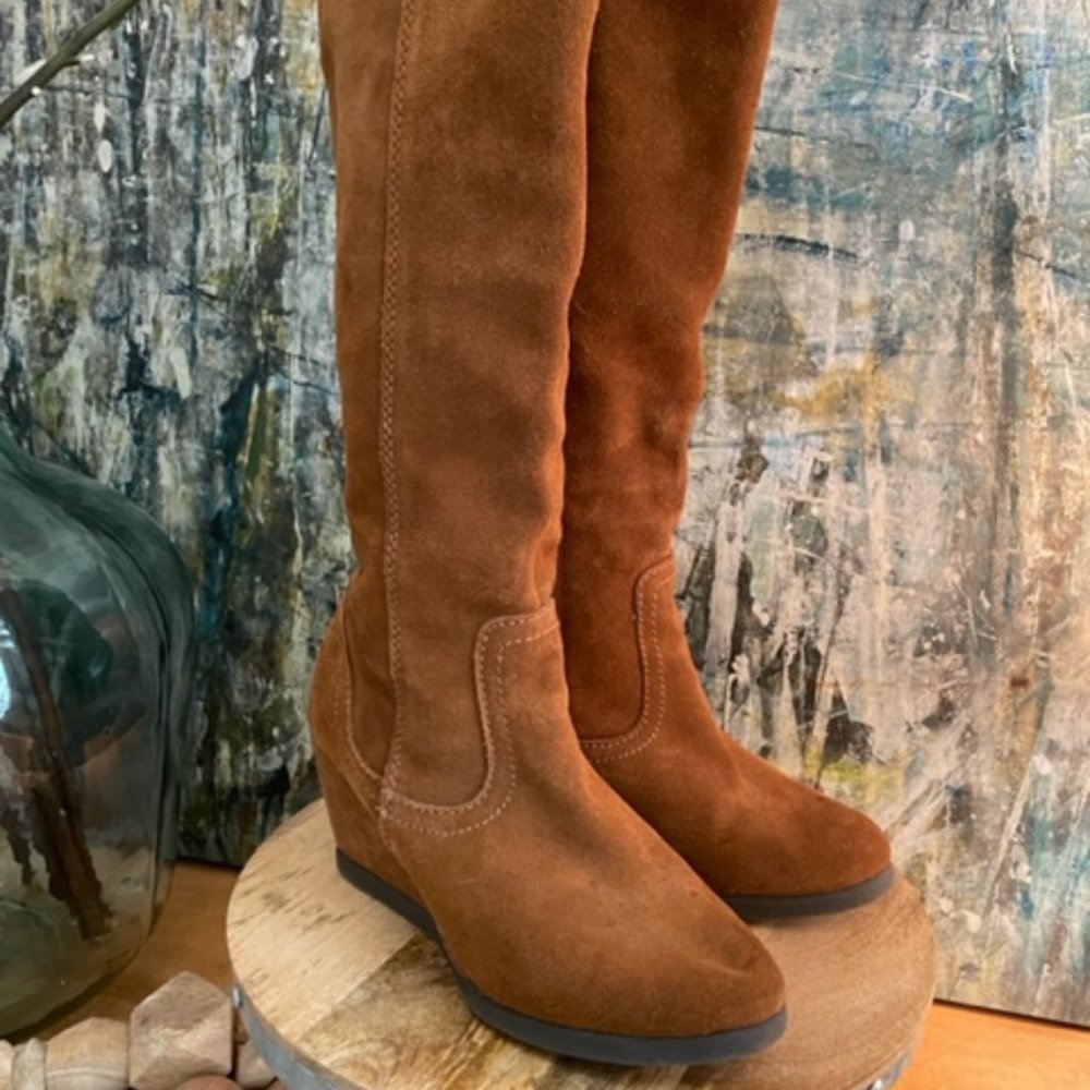 Staple Item! Cognac Genuine Suede Tall Boots - Wedge Heel and Gum Sole - Zipper
